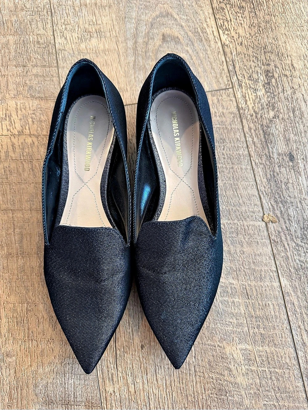 Nicholas Kirkwood Casati Metallic Denim Pointed-Toe Pearl Heel Loafers | Made in